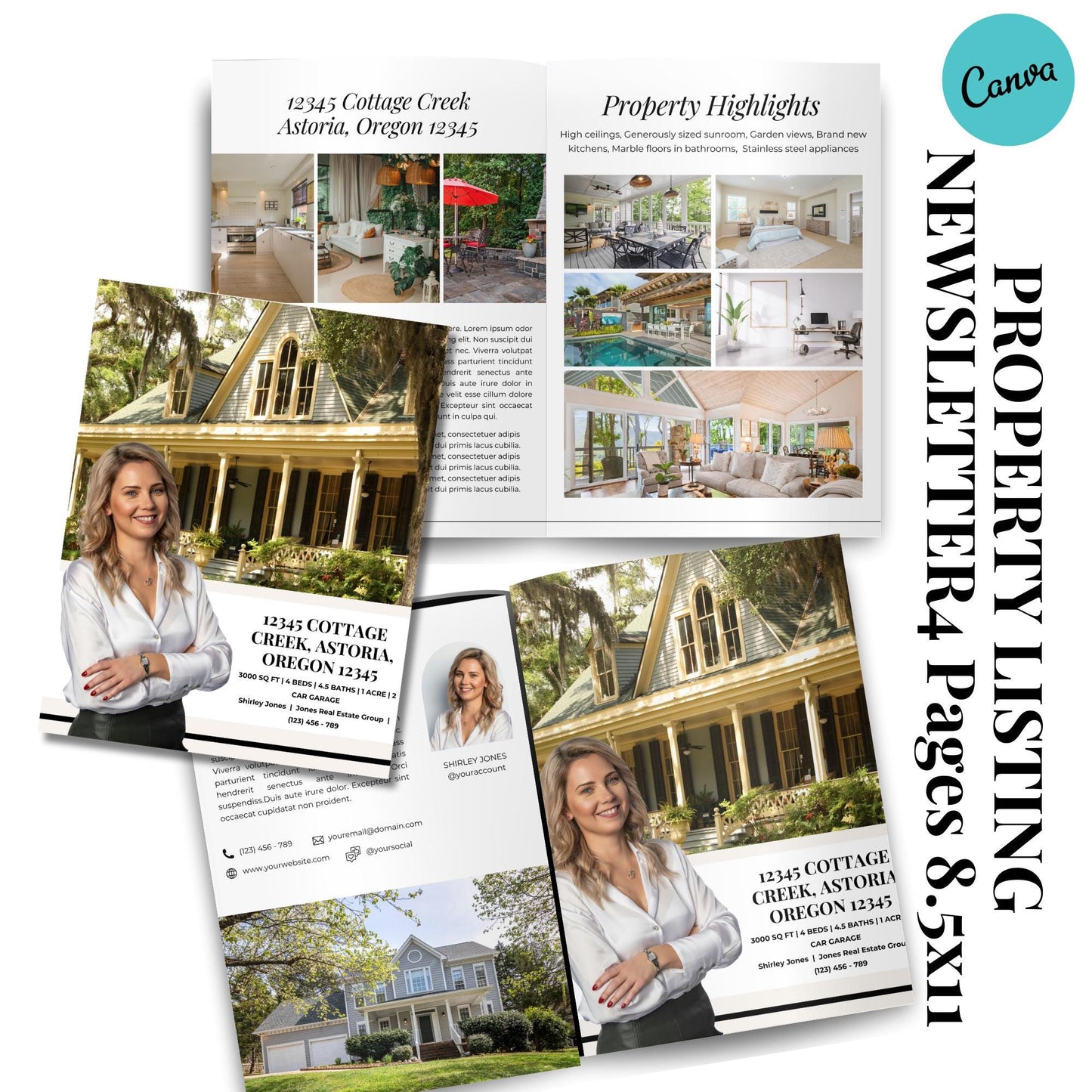 Property Listing Brochure Newsletter Presentation, Real Estate Property Listing Presentation Editable Template, Canva, Open House Brochure