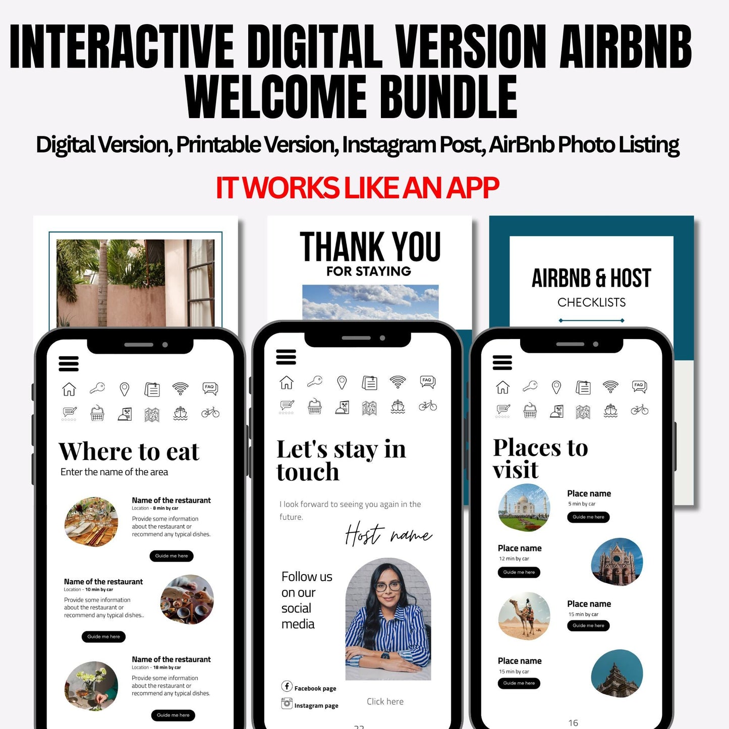 All in one Airbnb Host bundle pack canva interactive digital welcome book mobile printable, Host photo listing template, instagram post VRBO