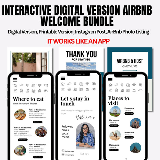All in one Airbnb Host bundle pack canva interactive digital welcome book mobile printable, Host photo listing template, instagram post VRBO