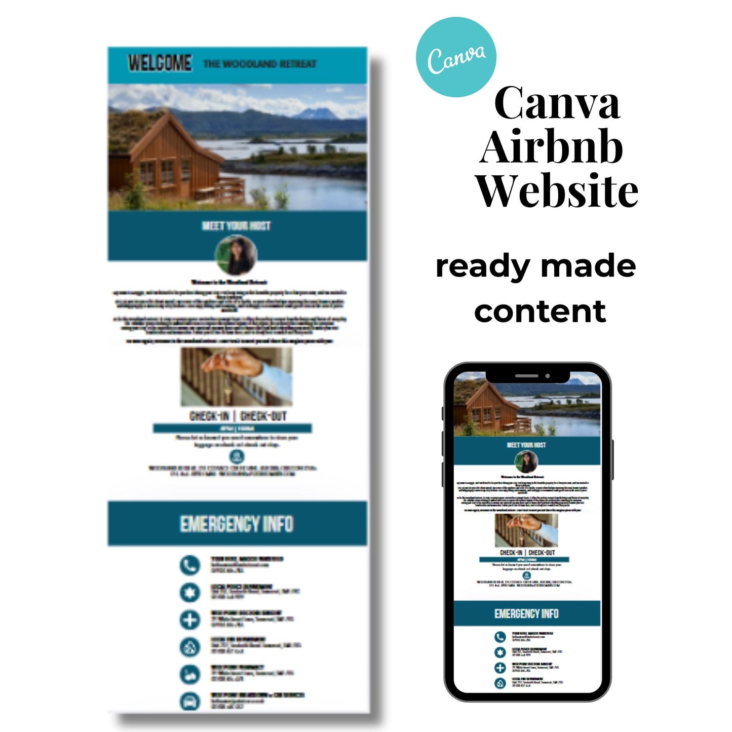 Airbnb Website Template, For host and property managers, includes: things to do, places to eat, house rules, emergency,  mobile friendly