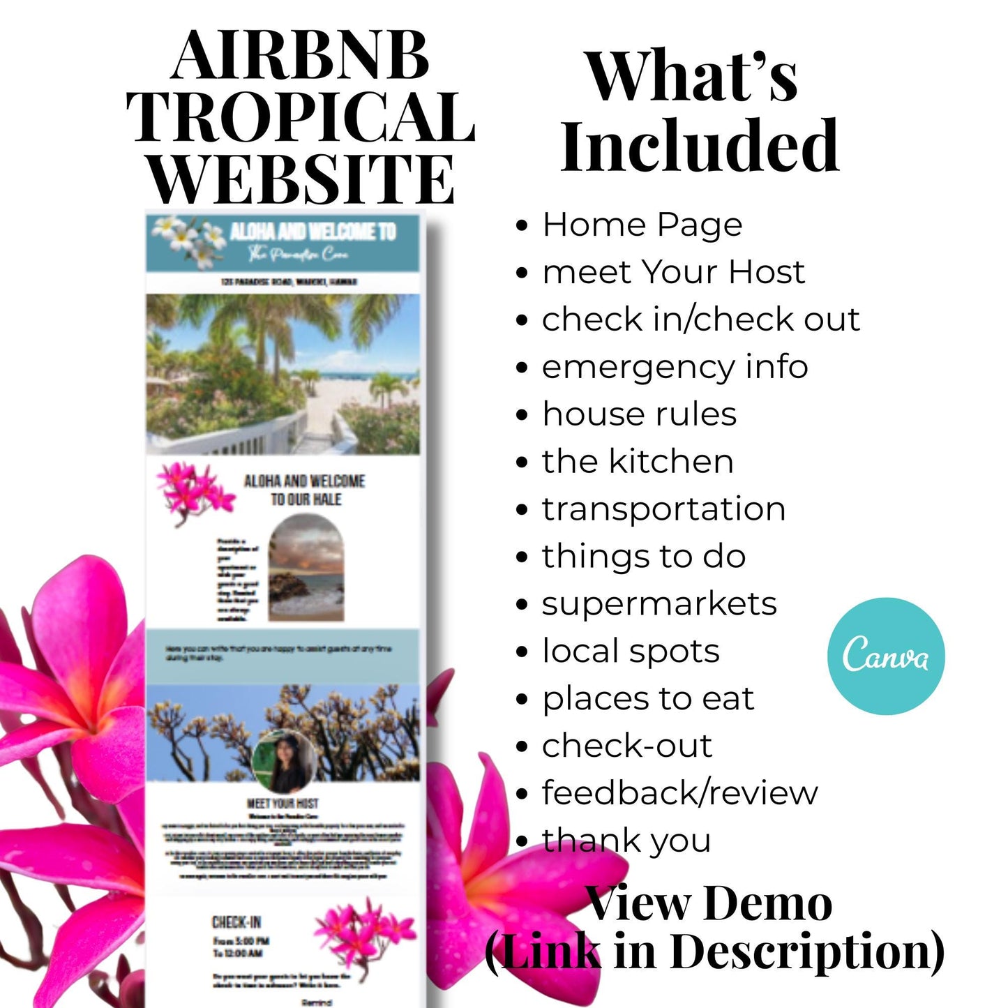 Tropical Airbnb Website Template For host, rentals and property managers, includes: things to do, places to eat, house rules, emergency