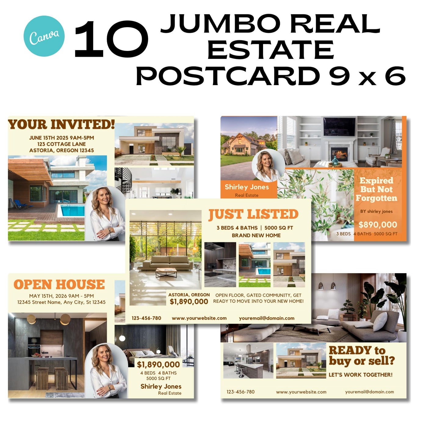 Real Estate Jumbo Postcard Template 9x6 Canva editable Postcards, Just Listed, Hello Neighbor, Expired Listing, Your Invited, Open House