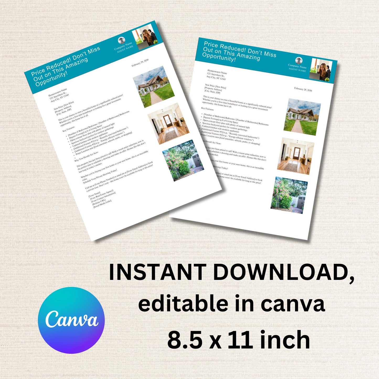 Price Reduced Flyer Farming Letter Template for Real Estate Agents Professional Design Editable in Canva, Modern and minimalist Letter Style