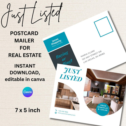 Just Listed Postcard Templates - Custom Real Estate Marketing Postcard for New Listings, Minimalist and modern layout postcard, bold colors