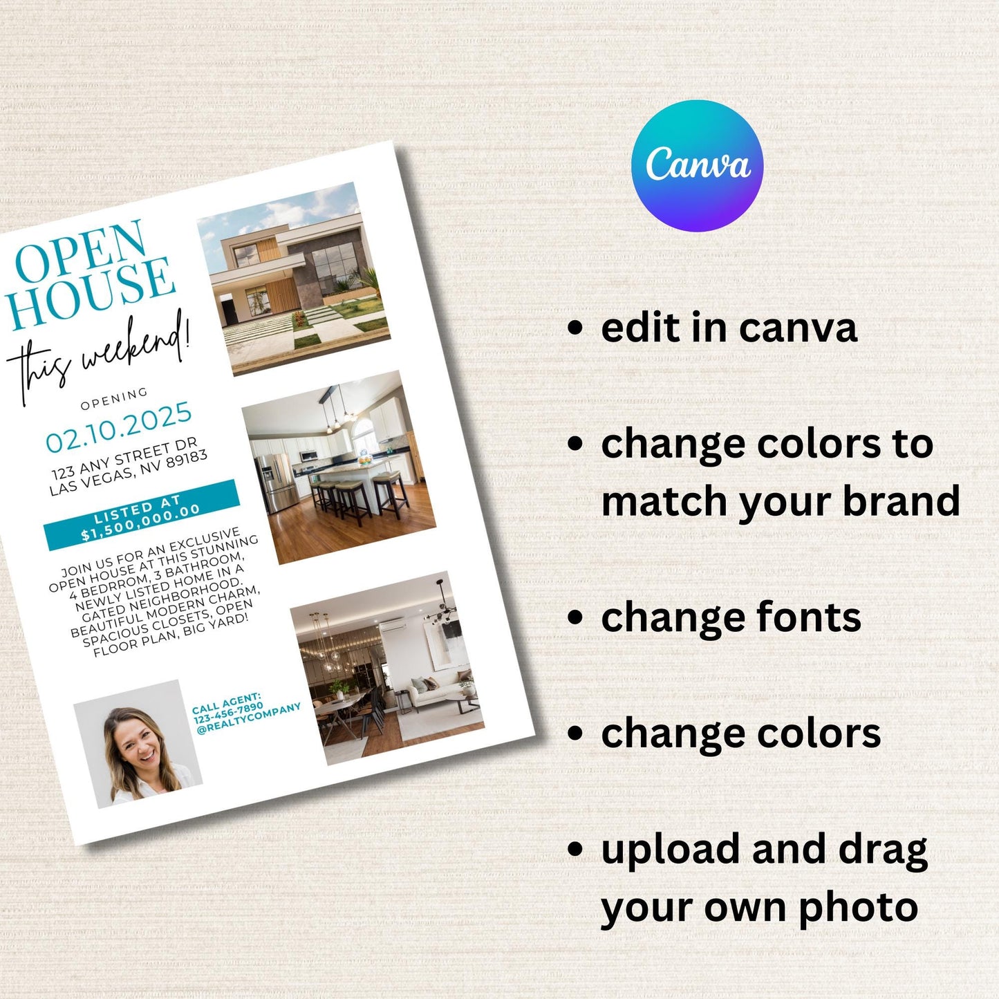 Open House Real Estate Template - Custom Real Estate Marketing Flyer 8.5 x 11 for Open House, Edit in canva
