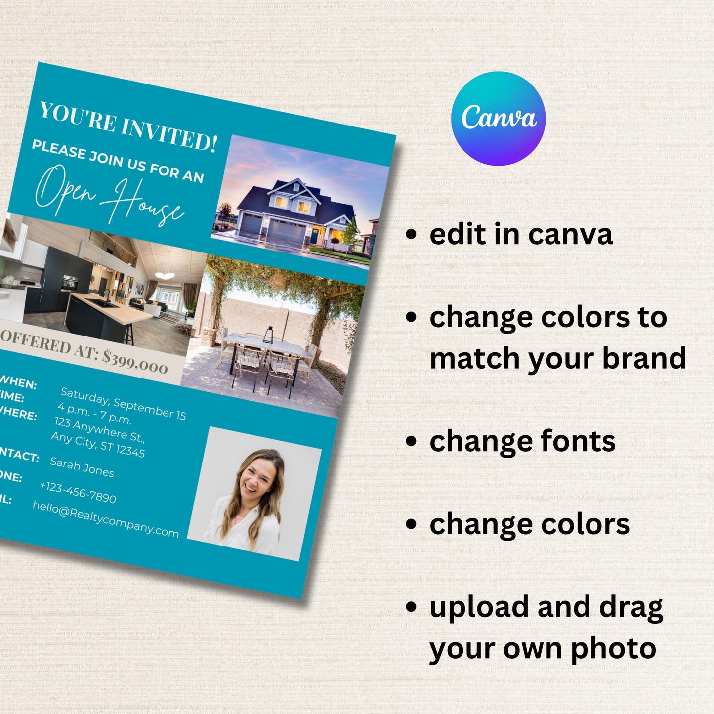 Your Invited Open House Flyer Template - Custom Real Estate Marketing 8.5 x 11 Open House, farming letter for agents, Edit In Canva