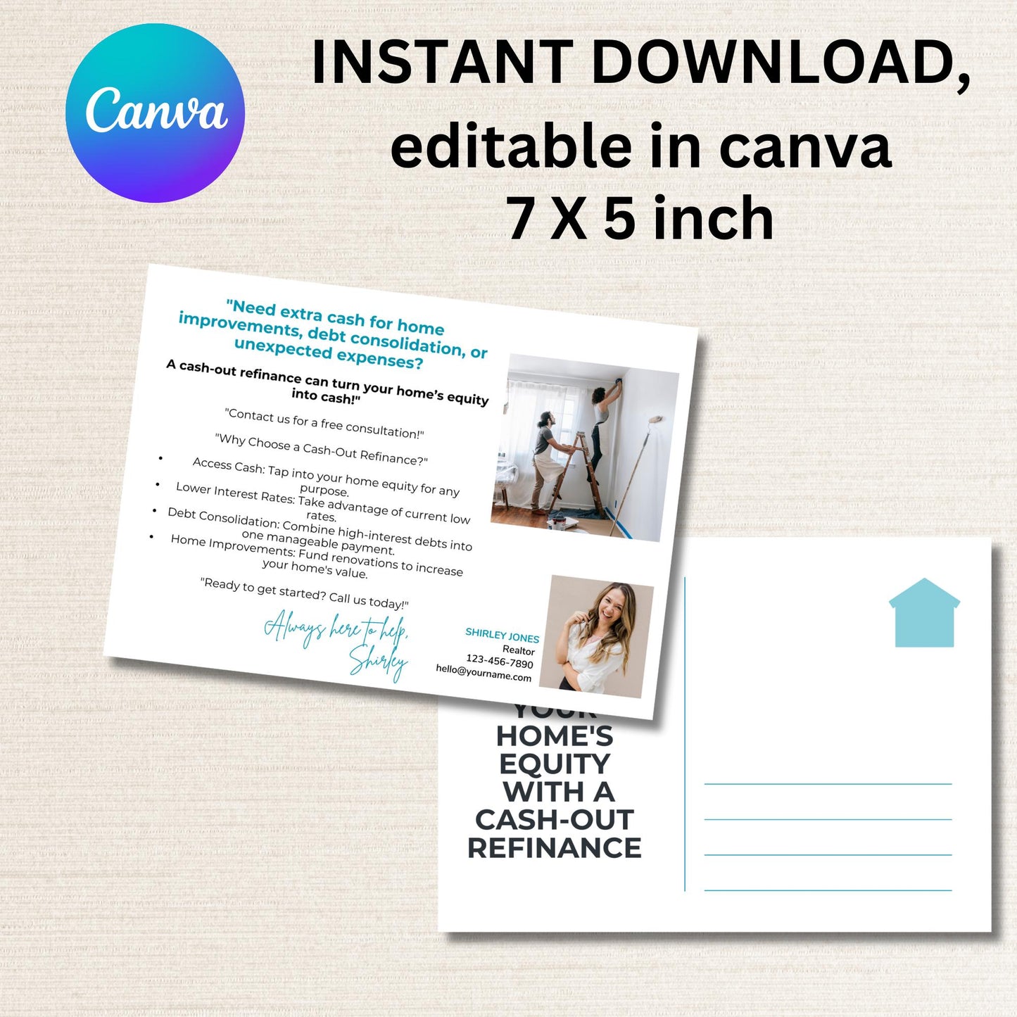 Mortgage Cash Out Refinance Postcard Template 7 x 5 |Loan Agent Refinance Postcard | Instant Download | Modern Professional & Eye-Catching