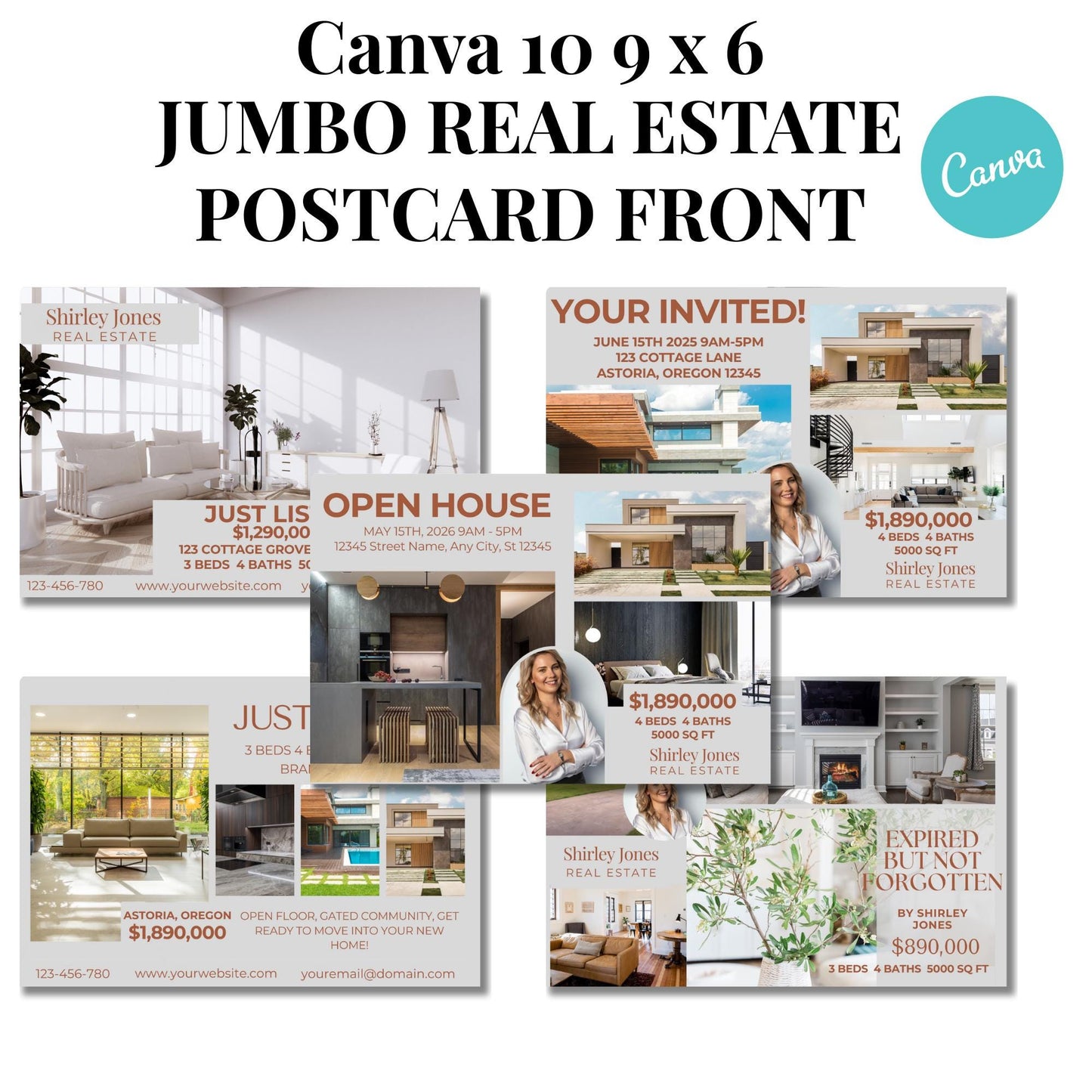 Realtor Jumbo Large Bundle Gray Postcard Template 9x6 Canva editable Postcards, Just Listed, Hello Neighbor, Open House, Lead Magnet