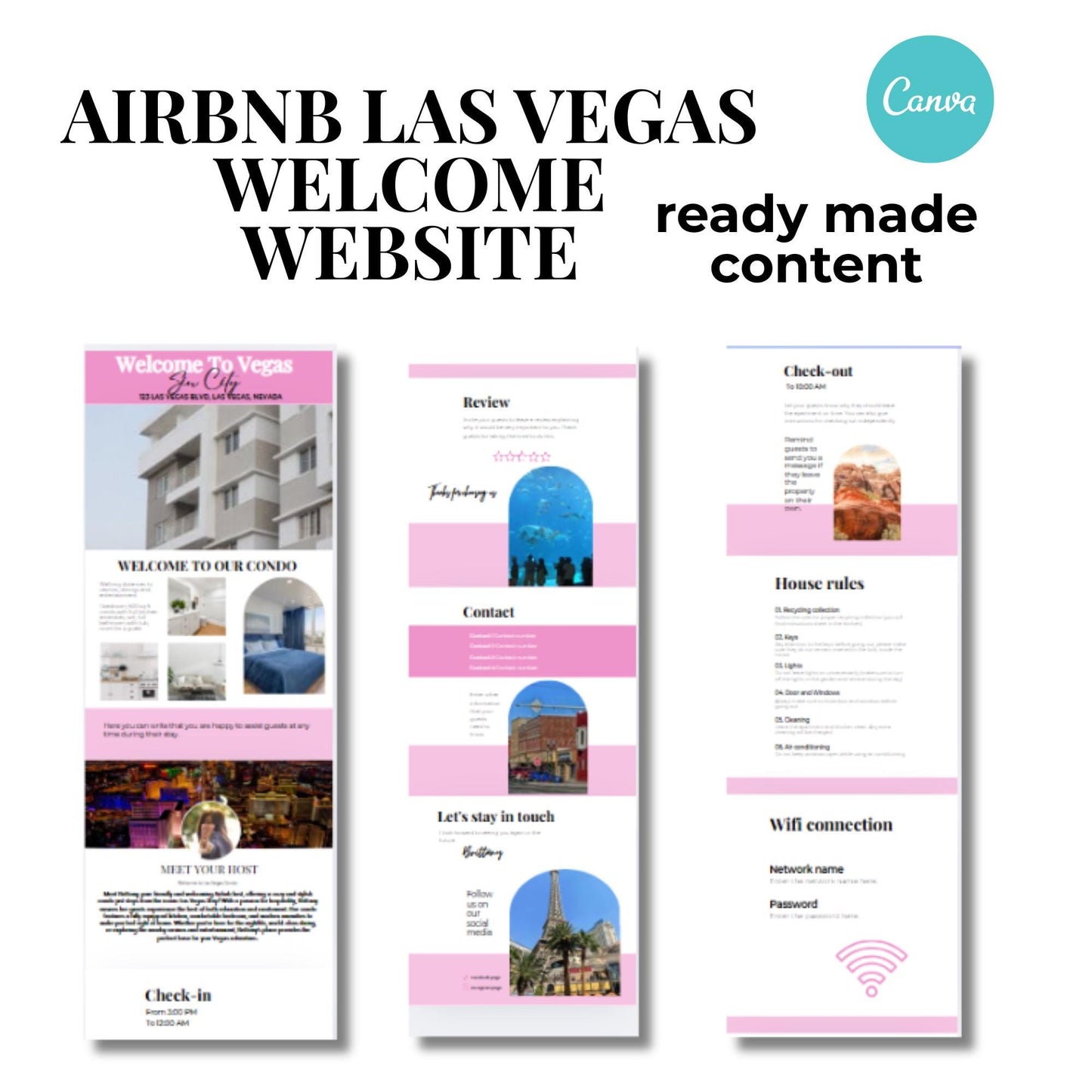 Airbnb Website Welcome To Vegas Template For host, rentals and property managers, includes: things to do, places to eat, house rules, VRBO