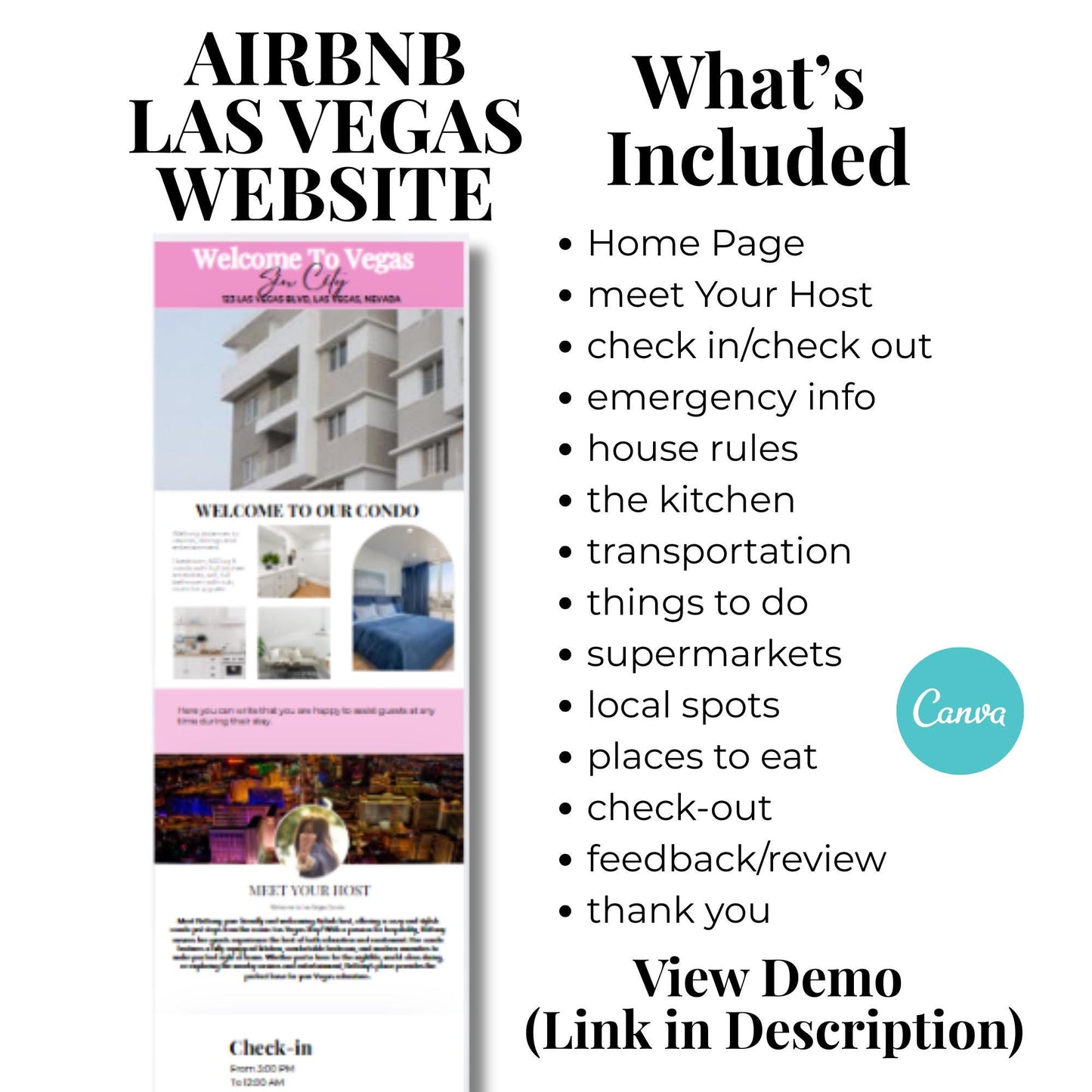 Airbnb Website Welcome To Vegas Template For host, rentals and property managers, includes: things to do, places to eat, house rules, VRBO