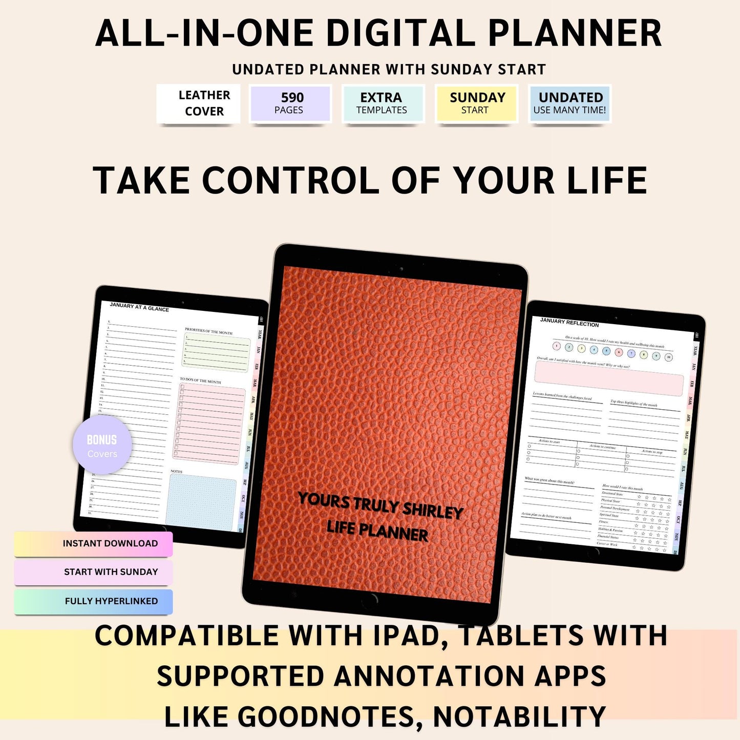 All-in-One Digital Planner for iPad | Undated Hyperlinked PDF | GoodNotes, Notability, Noteshelf | Daily, Weekly, Monthly Planner, lifestyle